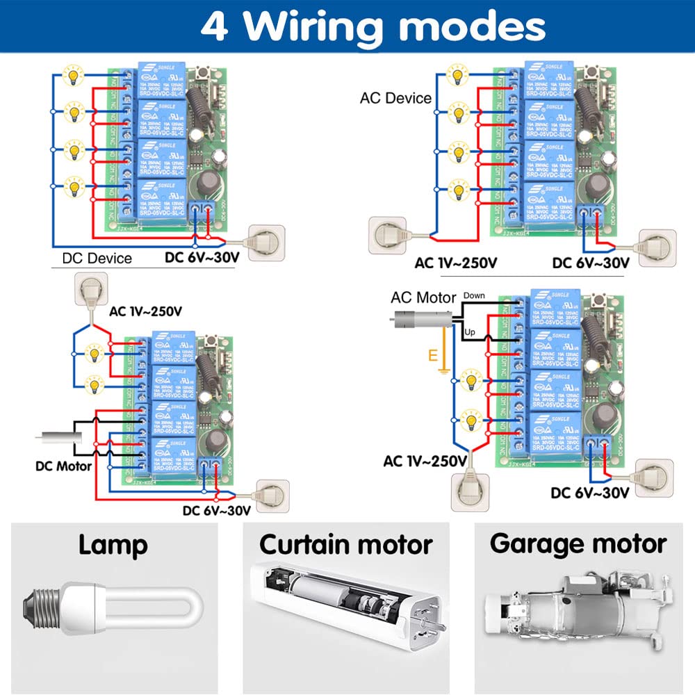 DieseRC 12V 24V 4 canales Relé inalámbrico Interruptor de control remoto DC 6-30V 433Mhz Control de radio 4CH Módulo receptor con 2 transmisores, para luces, puerta de garaje, motor, bricolaje
