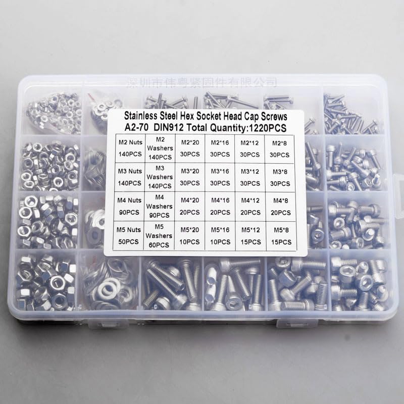Cup Head Allen Bolt Hex Socket Round Cap Head Screw And Nut Assortment Kit Set M2 M3 M4 304 Stainless Steel Set 1220 Pcs Bolts (Color: 304-912-1220)
