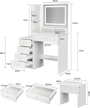 Dressing Table with LED Mirror and Stool, 90cm White Vanity Desk