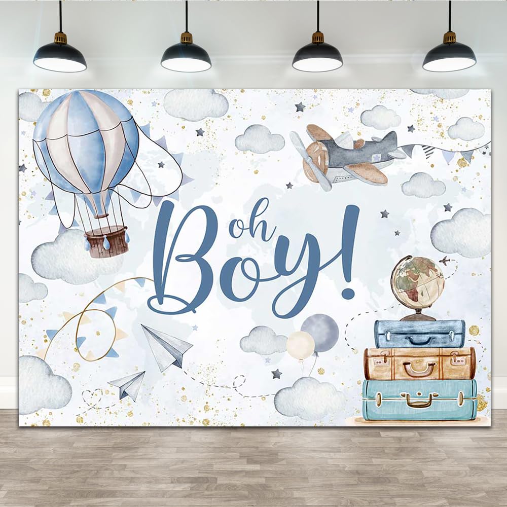 Lofaris 7x5ft Oh Boy Baby Shower Backdrop for Kids Boy Party Decoration Cloud Hot Balloon Adventure Begins Travel Around The World Airplane Up Up and Away Photography Background Banner Photo Booth