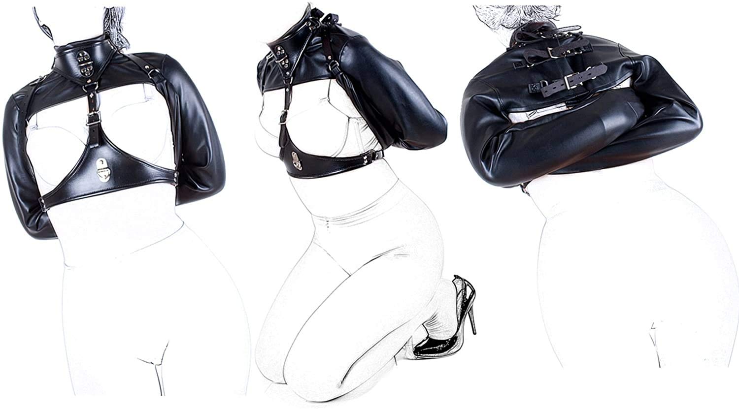 SXOVO Pecho Expuesto Puños de brazo Cuero Bondage Correas Brazo Bondage Esposas Sistema de sujeción SM Fetish Sex Toy (Negro)