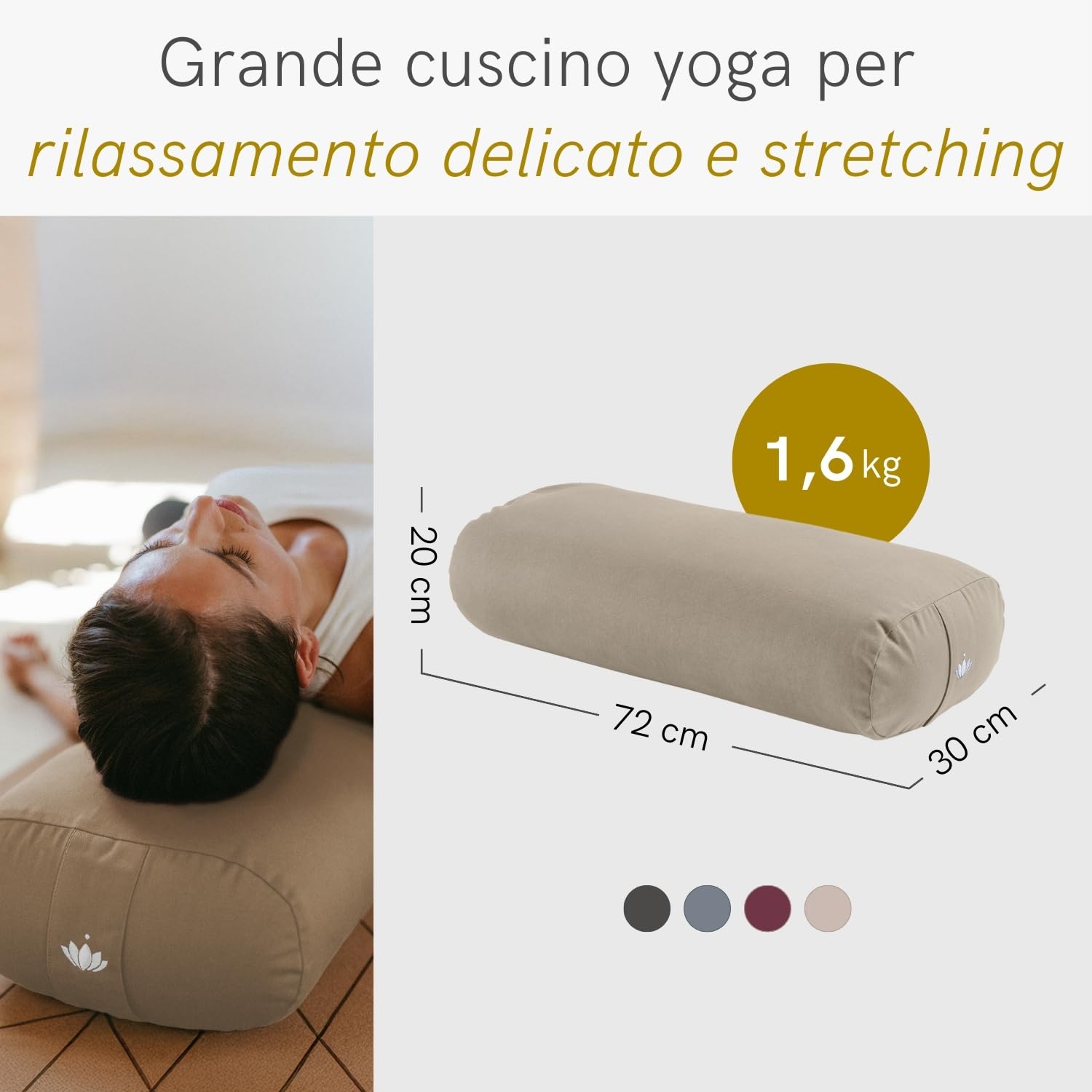 LOTUSCRAFTS Cuscino Yoga per Yin Yoga, rullo, fodera lavabile in cotone biologico, cuscino con imbottitura in kapok, rullo pilates, cuscino da meditazione