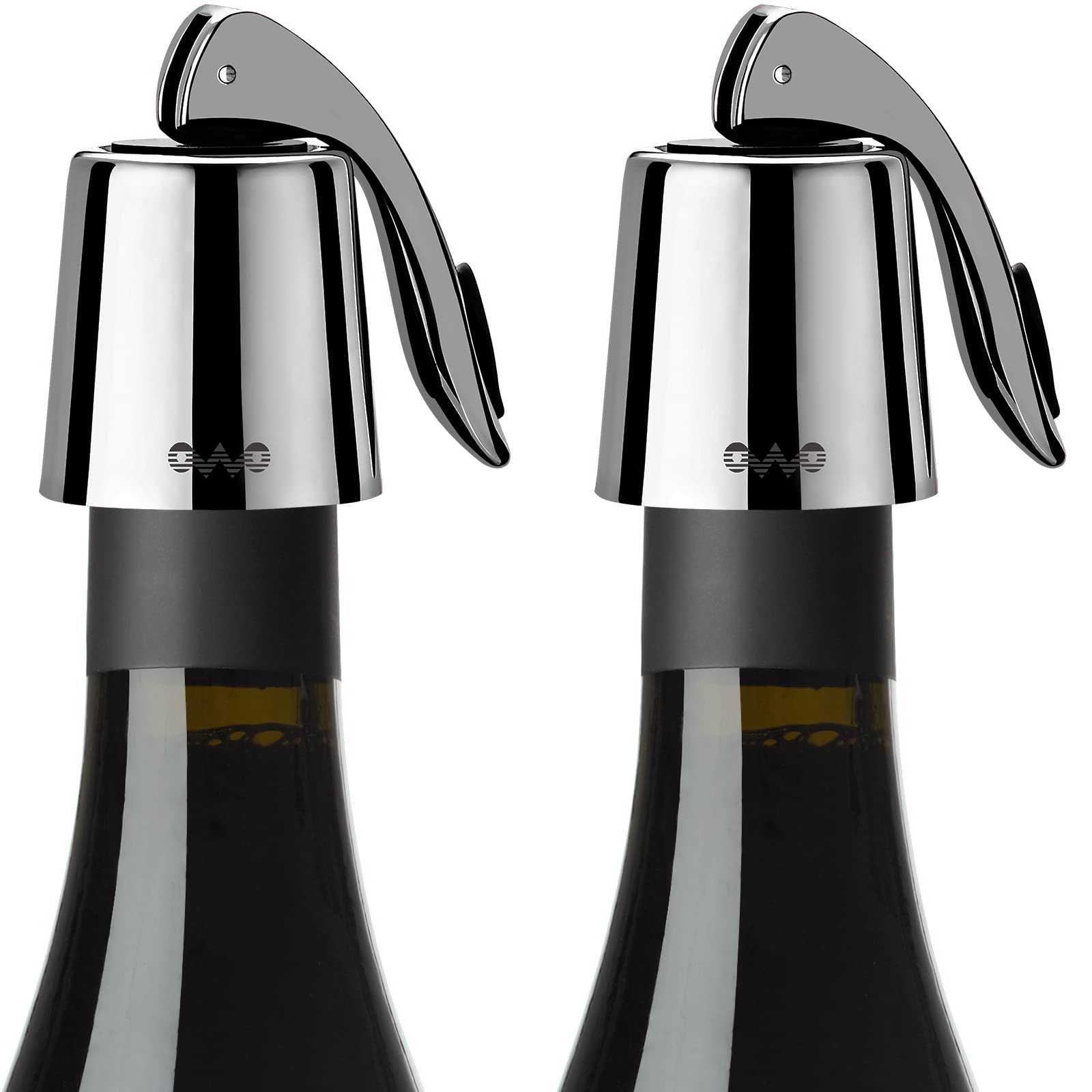 OWO Stainless Steel Wine Bottle Stopper, Reusable Wine Saver with Silicone Seal, Decorative Bottle Sealer, Keeps Fresh (Metal Black, 2 Pack)