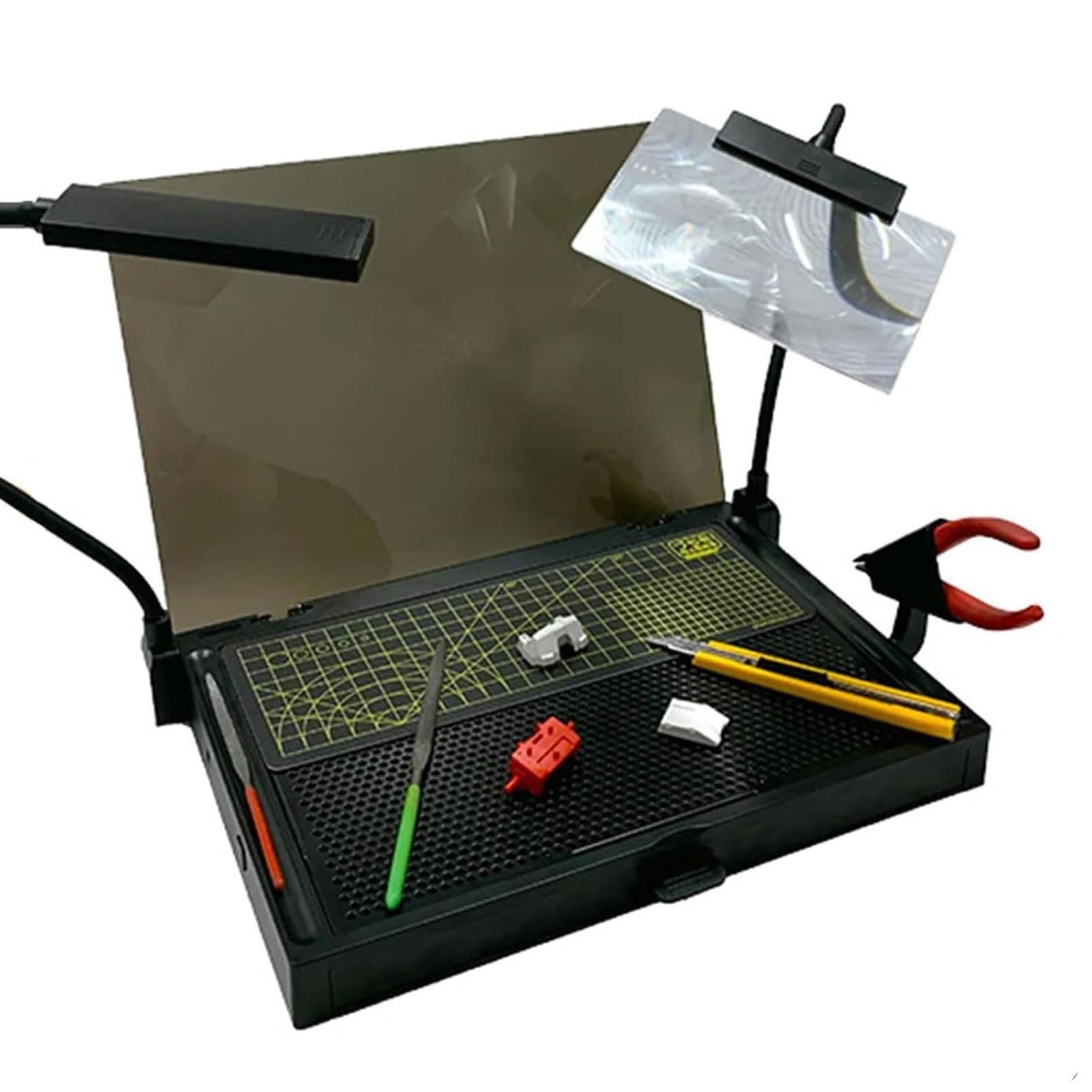 Kit de construction de modélisme, établi portable pour la découpe et l'assemblage de modèles, kit d'outils avec lumières LED, loupes, tiroirs de Kit de construction de modélisme, établi portable pour la découpe et l'assemblage de modèles, kit d'outils avec lumières LED, loupes, tiroirs de