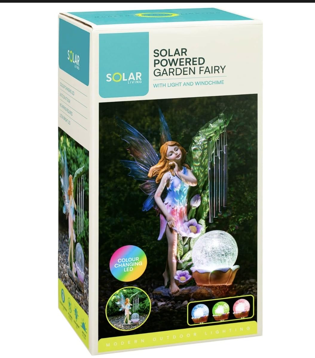 Solar Powered Fairy Garden Statue with Wind Chime, Pink LED Crackle Globe, Outdoor Resin Figurine