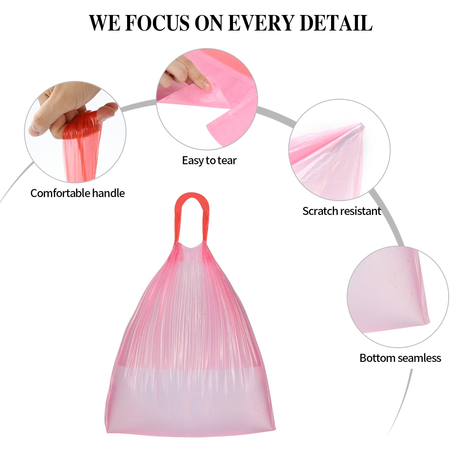 HDY - 6 rollos de bolsas de basura pequeñas con cordón de 4 galones de grosor para cocina, baño, dormitorio, hogar, oficina, 120 unidades (rosa)