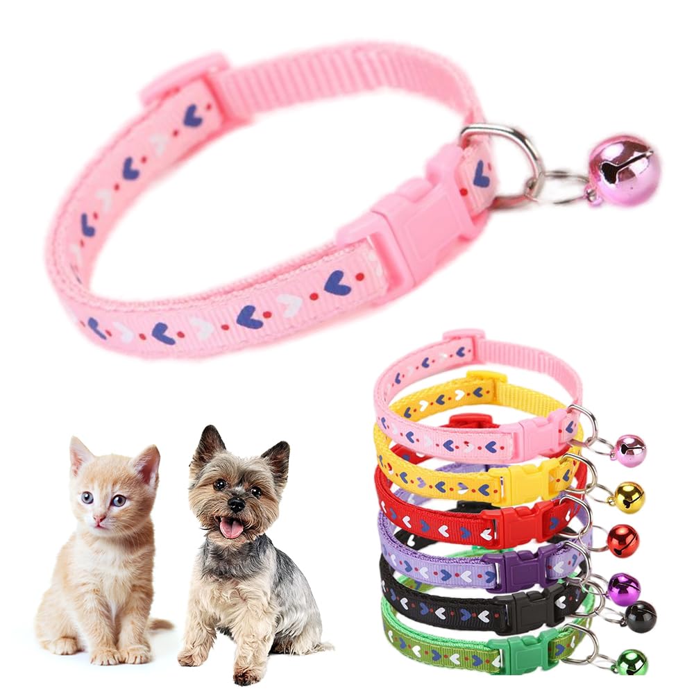 Pink Small Dog Collar with Bell,Love Pattern Cat Collar Girl Cute Fancy Puppy Collar with Bells for XXS XS Tiny Little Kitten Pet Female Dogs,Neck 7-