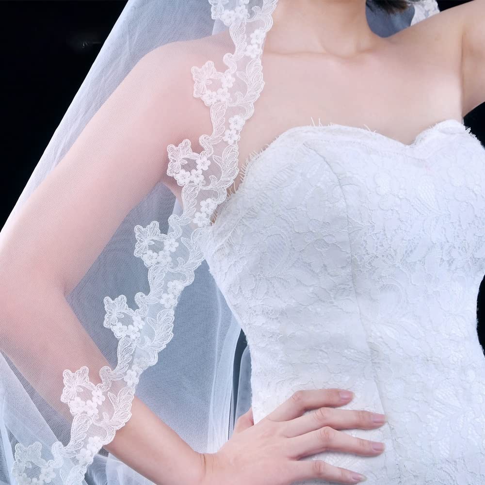 V56 Mode Eleganter Hochzeitsschleier mit gestickten Spitzenapplikationsmotiven Brautschleier mit langem Rouge einstufig Hochzeit (Farbe: gebrochenes Weiß)