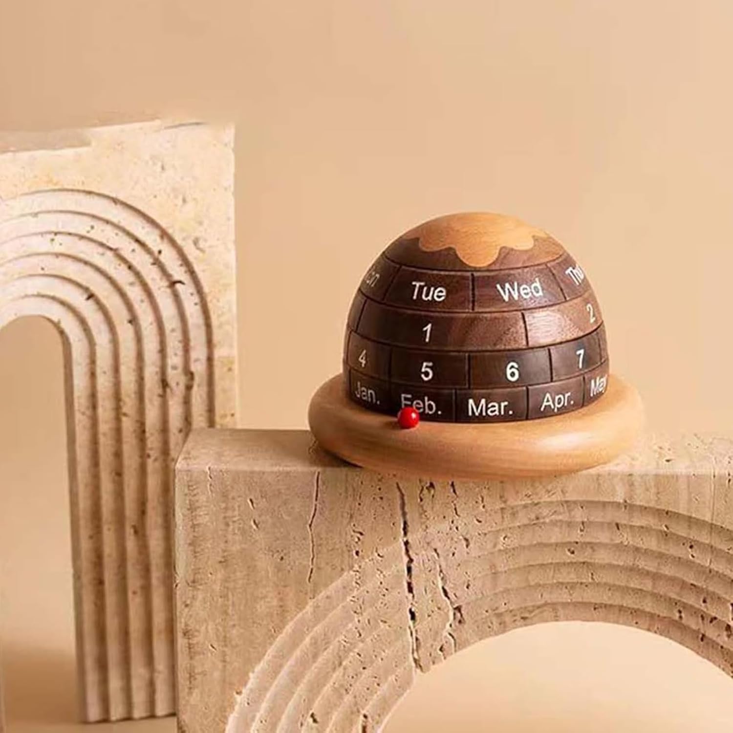 Rotierender Holzkalender, Abnehmbarer kuchenförmiger Tischkalender, kugelförmiger ewiger Kalender, Schreibtischzubehör, einzigartige Geschenkidee (Walnuss)