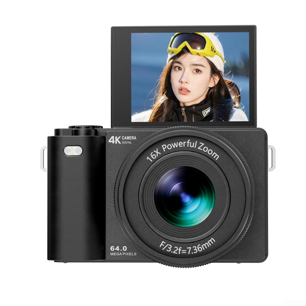 Fotocamera digitale per fotografia e vlogging con video MP4 4K, uscita JPG da 64 MP, zoom 16X e schermo rotante a 180 gradi (nero)