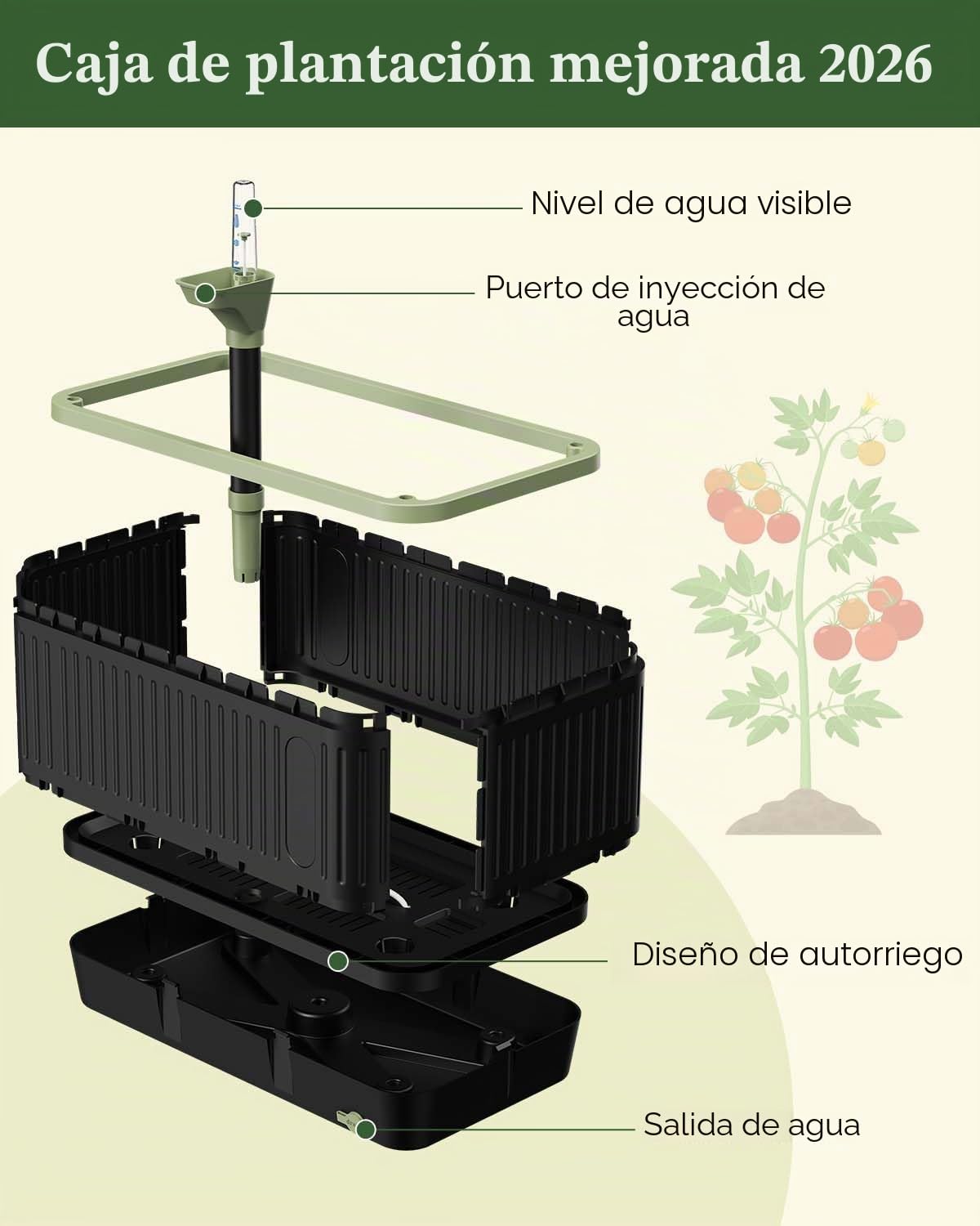 Macetero autorriego para tomates con enrejado, enrejado rectangular tomates para arriates elevados, caja macetero macetas de jardín, patio, interior y exterior (2 unidad)