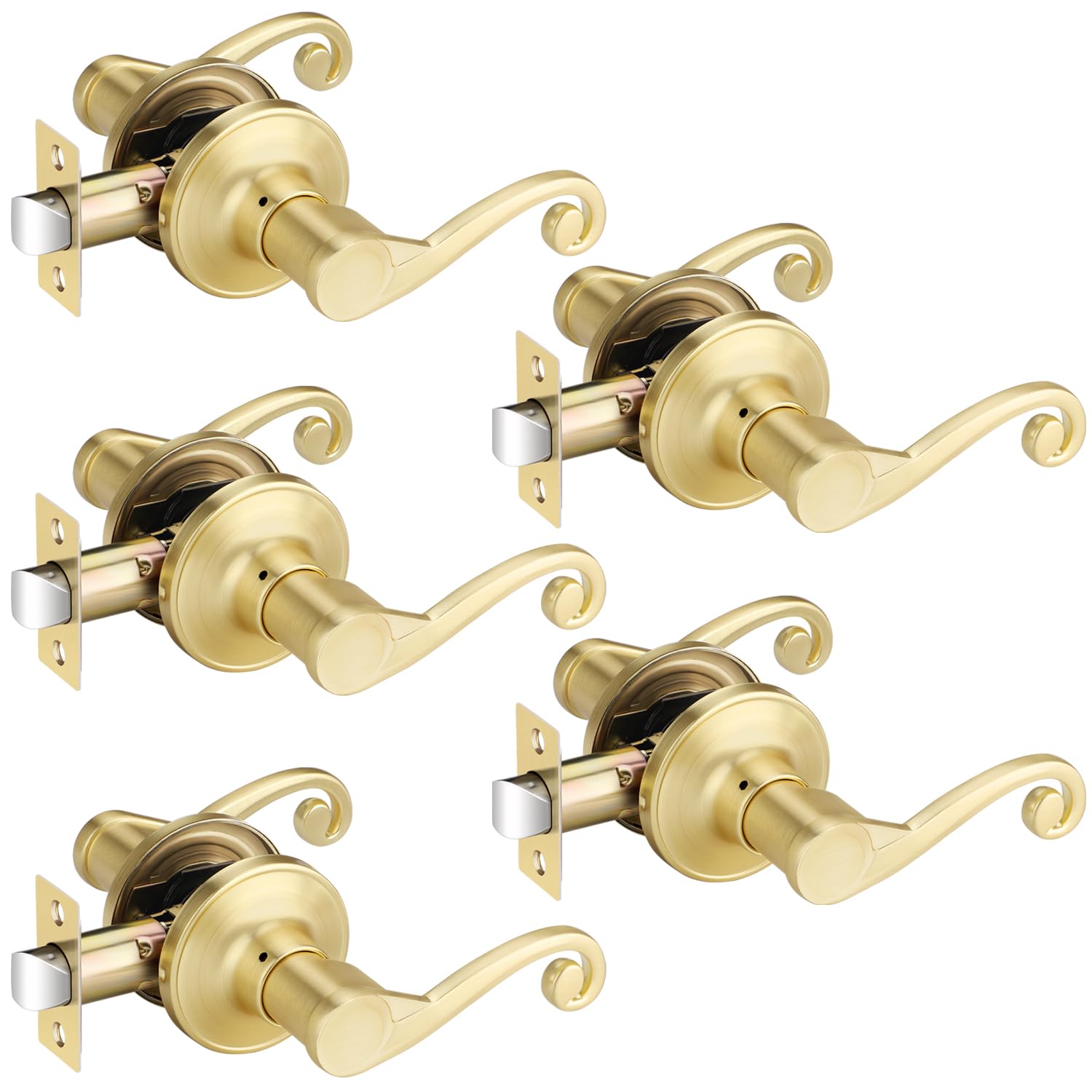 Bonpoly 5 Pack Gold Satin Brass Door Handles, Wave Handle Passage Door Lever for Hallway and Closet, Keyless Interior Door Levers for Right Hand