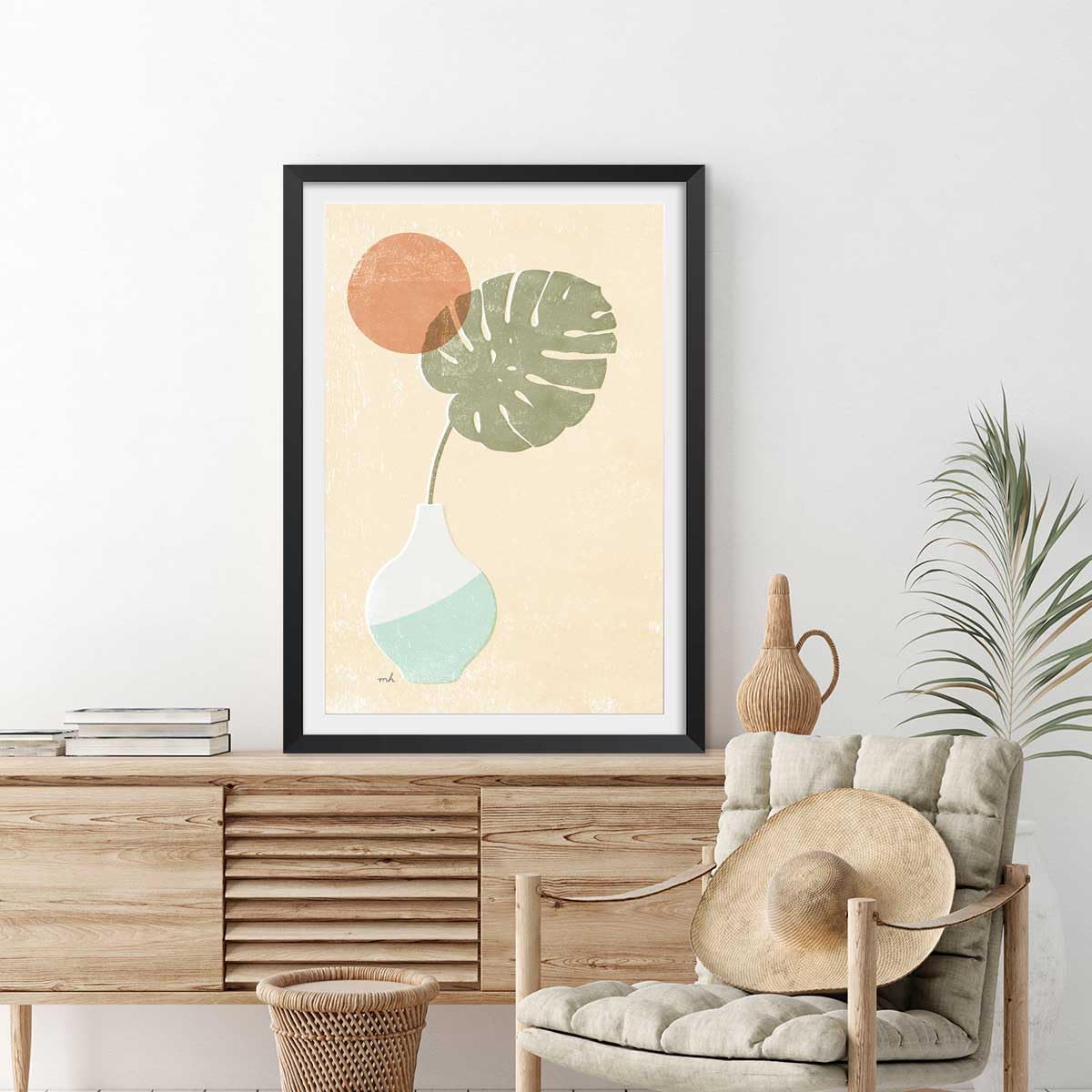 Affiche Monstera blush - Made in France - Affiche sous cadre noir 30x45