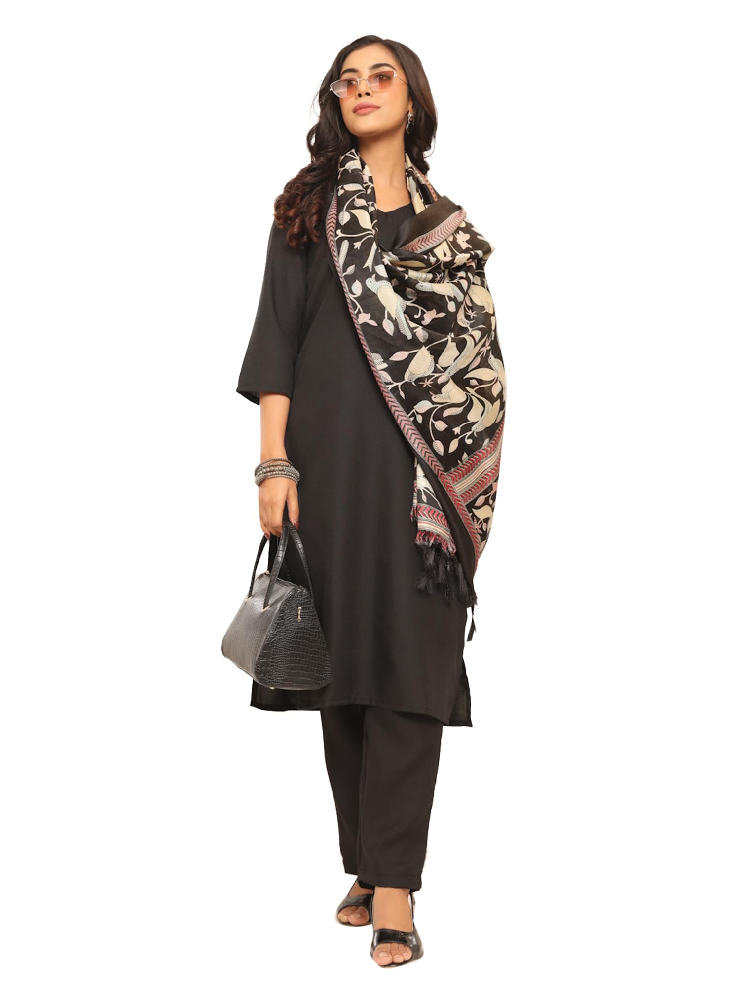 Varanga Women's Solid Black V-Neck Straight Kurta Set With Printed Dupatta  Stylish & Comfortable Ethnic Wear For Casual & Festive Occasions