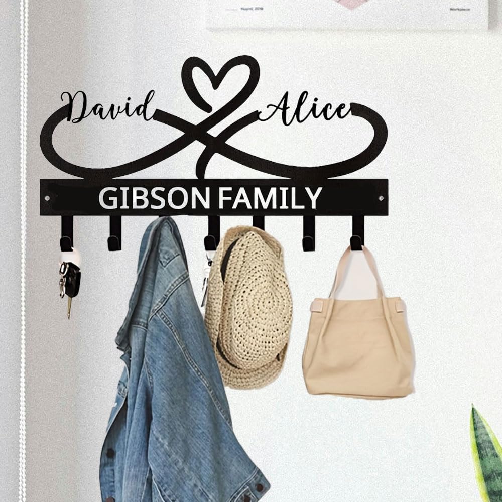 Personalized Family Name Metal Wall Hook Rack – Custom Coat Key Holder with Heart Infinity Design – Rustic Home Entryway Organizer for Jackets, Hats, Bags