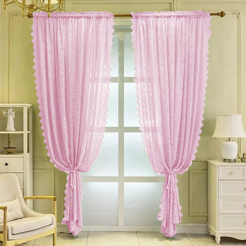 F-CHU Pink Net Curtains for Windows 72 drop Voile Curtain Sheer Lace Curtain for Living Room Decor 2 Panels 55 W x 72L Inch (140cm x 183cm) Pink Curtains