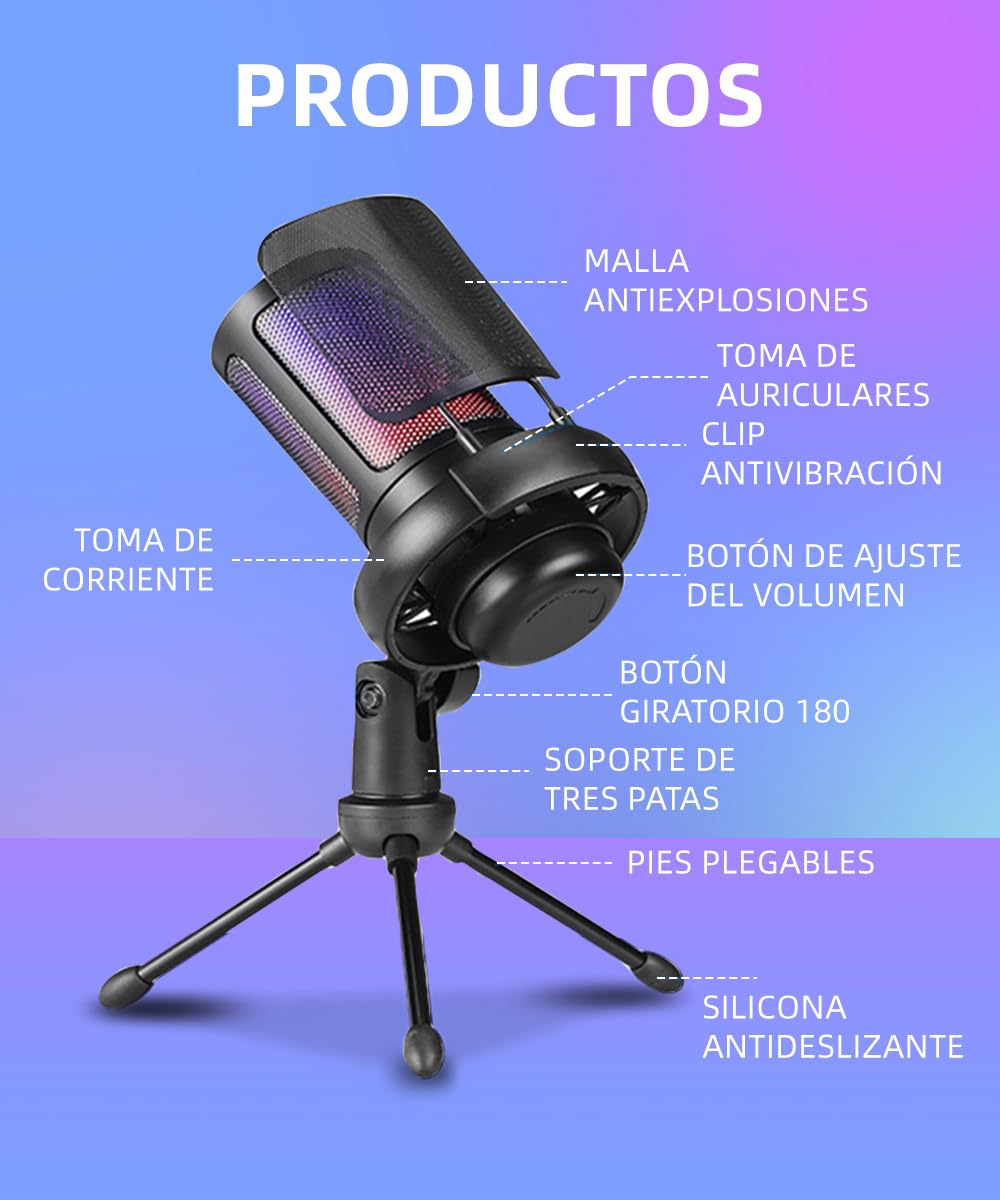 Microfono da gioco TAIMEI, microfono RGB per PC con cancellazione del rumore e silenzio, per streaming, giochi, podcast, YouTube, TikTok, computer, cellulare