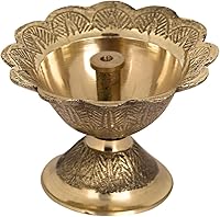 Vista 6 de SATVIK - 1 pieza de latón en forma de flor Diya diseño grabado Devdas Metal Akhand Dia Festival Diwali Puja Pooja Mandir Home Temple Oil Lamp