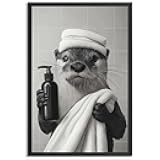 Leeda Framed Funny Black And White Bathroom Wall Art Otter Is Getting Ready For A Bath Bathroom Signs Picture-Cute Animal Art Canvas Prints Ready To Hang