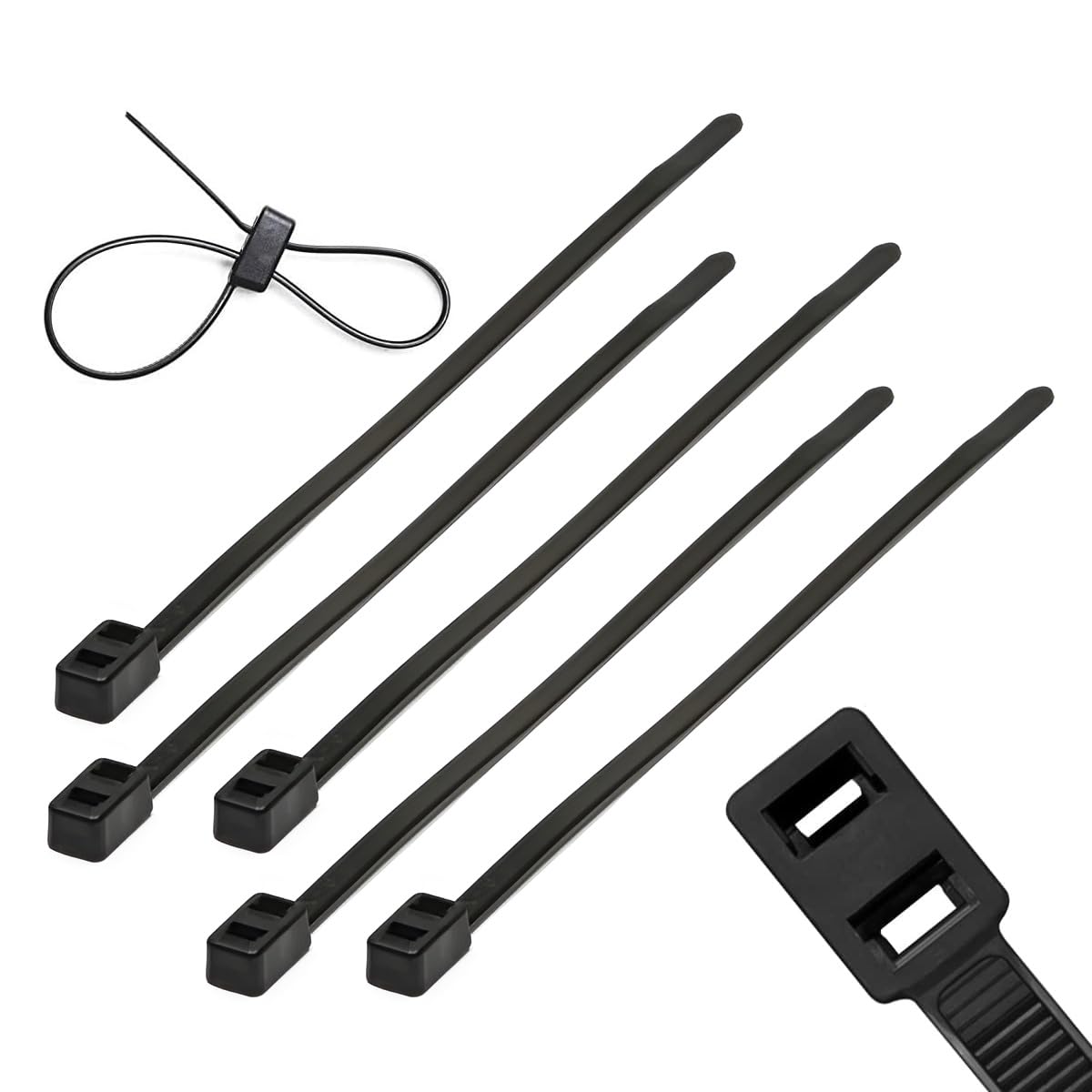 TERF® 50 Pcs Black Double Head (Loop) Cable Ties 200mm (8'') X 4.8mm Heavy Duty Nylon Double Lock Zip Ties Wraps Secure Self Locking Tie for Garden Home Office Workshop Warehouse DIY Use