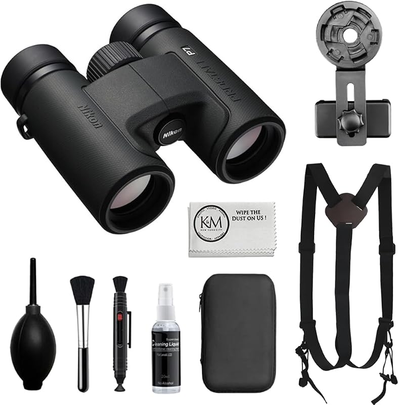 Nikon PROSTAFF P7 8x30 Binoculars Bundled with Harness Strap + Deluxe Cleaning Kit + Smartphone to Binocular Adapter + Microfiber Cleaning Cloth (5 Items)