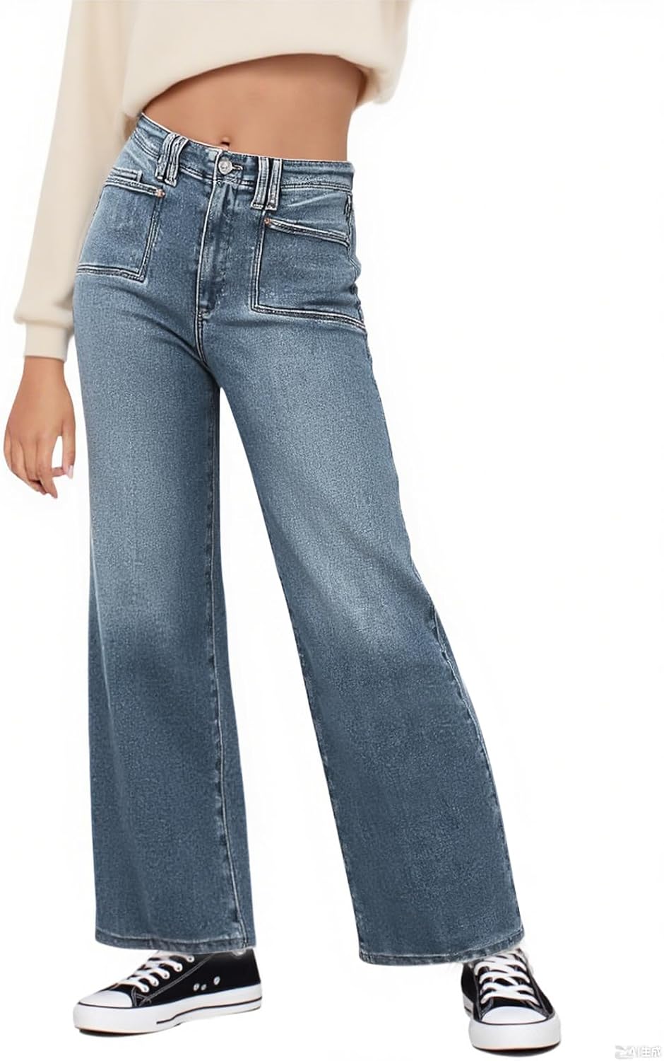 Haloumoning Girls Wide Leg Jeans Kids High Waisted Demin Pants Stretch Long Pants with Pockets 5-14 Years