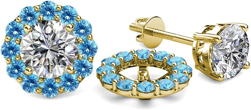 Blue Topaz Halo Jacket for Stud Earrings 0.84 ctw 14K Yellow Gold