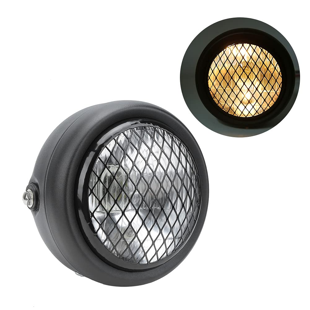 Faro anteriore retrò universale per moto DC12V, faro anteriore a fascio alto/basso impermeabile con lente in vetro curvo, custodia in ferro per CG125 GN125 ((Guscio nero e copertura bianca))