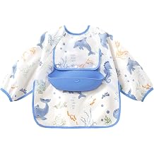 Long Sleeve Baby Bib, Baby Feeding Apron, Waterproof, Stain Resistant, Bib with Silicone Pads, Mesh Lining, Washable, High Chair, Meal, Boys, Girls |