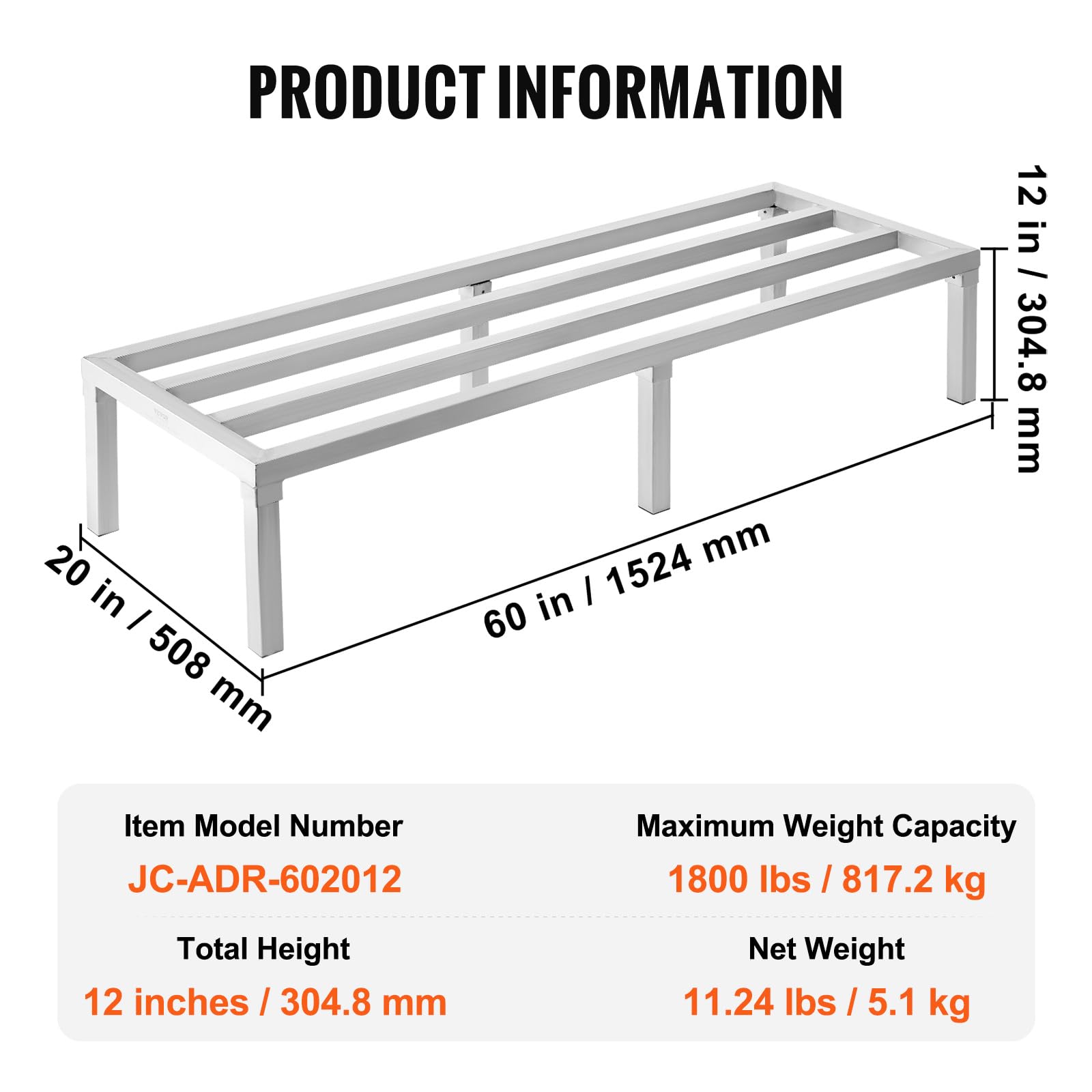 VEVOR Regał aluminiowy, 152 x 50 x 30 cm, komercyjny regał magazynowy, nośność 817 kg, w pełni spawany, regał do przechowywania żywności na podłodze, restauracje, kuchnie, garaż