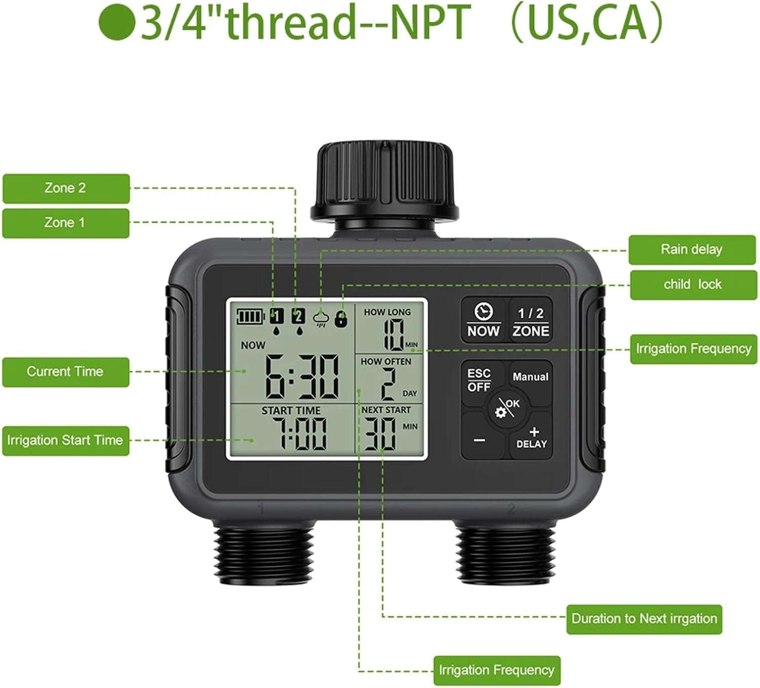 1pc 2 Outlet Water Timer Automatic Garden Irrigation Controller Programmeable Watering System for Lawn Greenhouse(US Version(NPT))