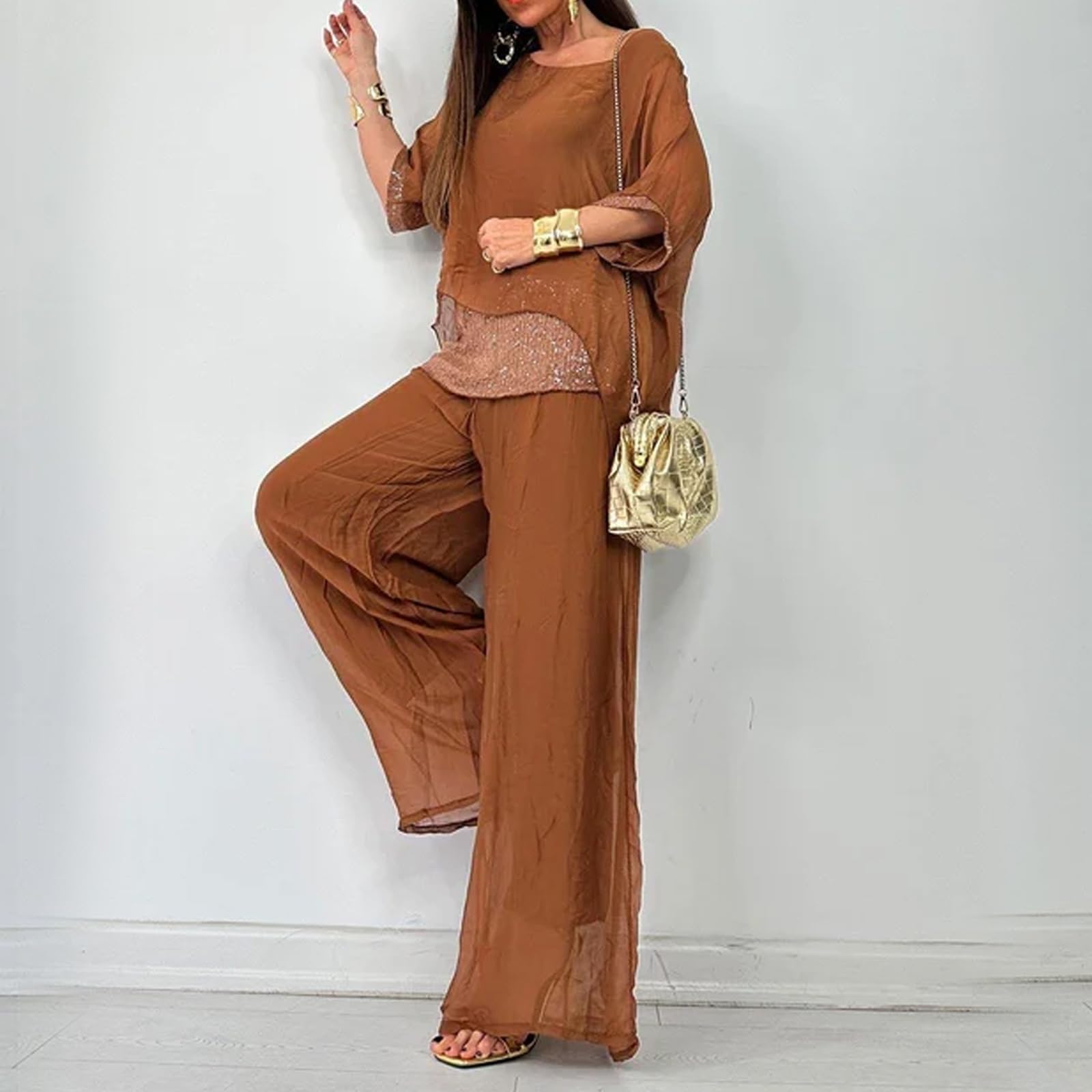 2024 Sommer-Chiffon-Pailletten, lässiger Anzug für Damen, elegante Chiffon-Hose mit weitem Bein, zweiteiliges Set, Hosenanzüge für Damen, Hochzeit