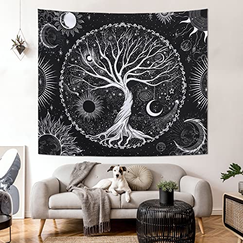 Mitogadget Tree Of Life Tapestry For Bedroom Aesthetic, Black White Sun And Moon Wishing Tree Trippy Hippie Bohemian Wall Tapestry, Nature Mystic Forest Gothic Tapestries Wall Hanging, 59.1ʺ X 51.2ʺ #TOP2