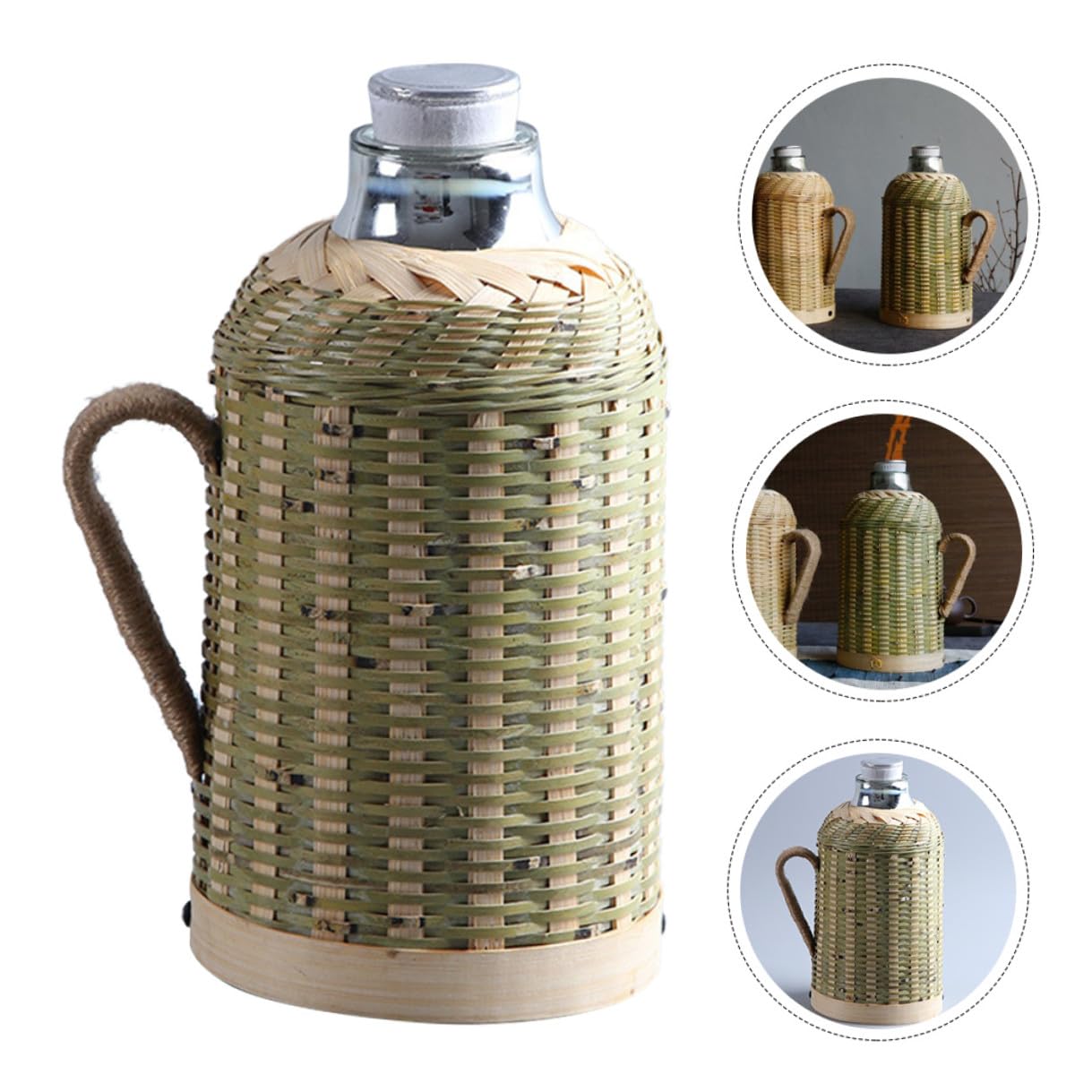 BESPORTBLE Bouilloire Isotherme 16 L en Verre et Bambou Tissé Isolation Thermique Bouteille d'Eau pour Boissons Chaudes et Froides Carafe Isotherme de Bureau et Voyage Style Rétro