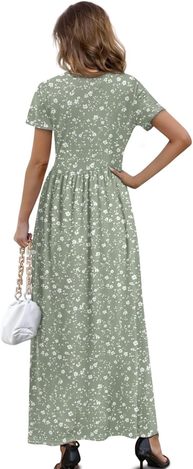 ZOCAVIA Boho Floral Maxi Dress Women Summer Crewneck Short Sleeve Tshirt Dress Flowy Swing Long Beach Dresses with Pockets