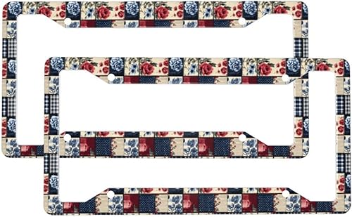 2 Pcs Car License Plate Frames for Women Men - Aluminum Solid Vintage Rose Check Print License Plate Cover for Car Accessories for Women Men with