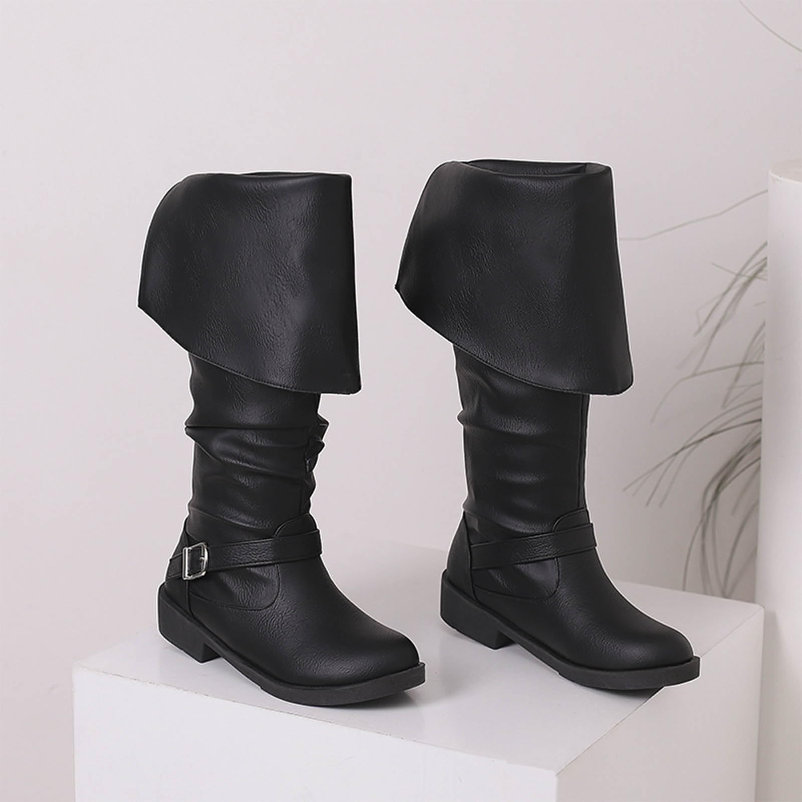 Damskie buty średniej wysokości z klapą klamrą paska, okrągłe noski, wsuwane, długie kozaki, półcholewka, eleganckie damskie buty do wody, buty zimowe