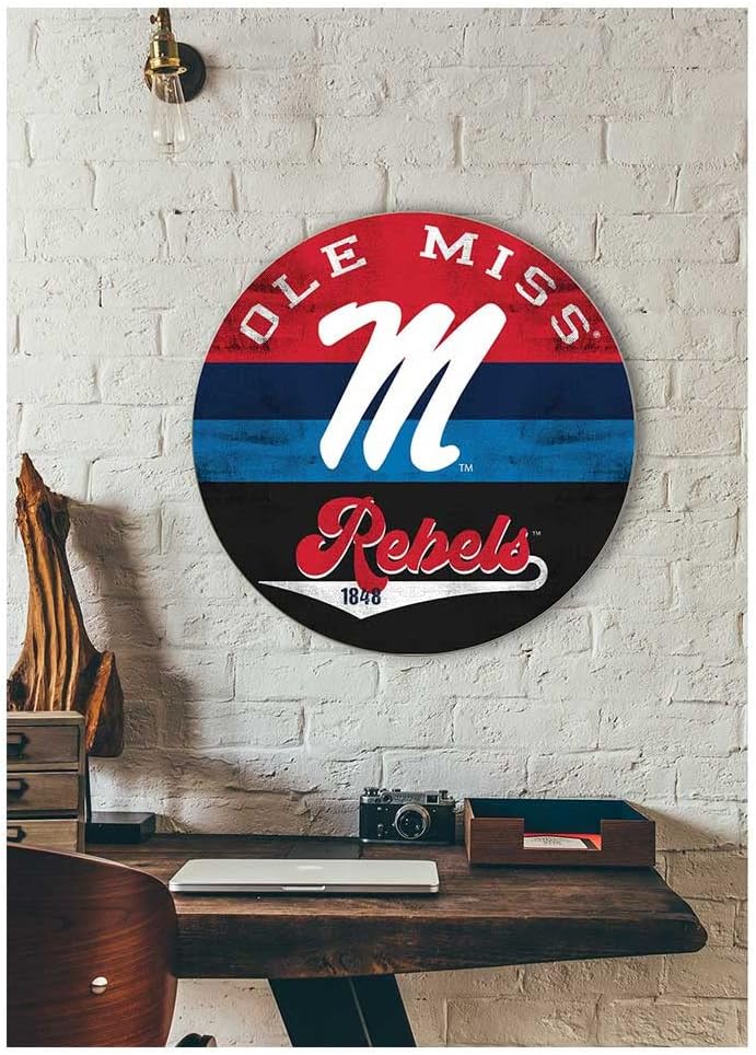 KH Sports Fan Ole Miss Rebels Multi-Color Retro Circle Sign, 20x20 Inches, Rebels Decor for Dorm Room, Bedroom, Fan Cave, Living Room; Display Your Team Spirit with This Unique Mississippi Rebels Wall Art