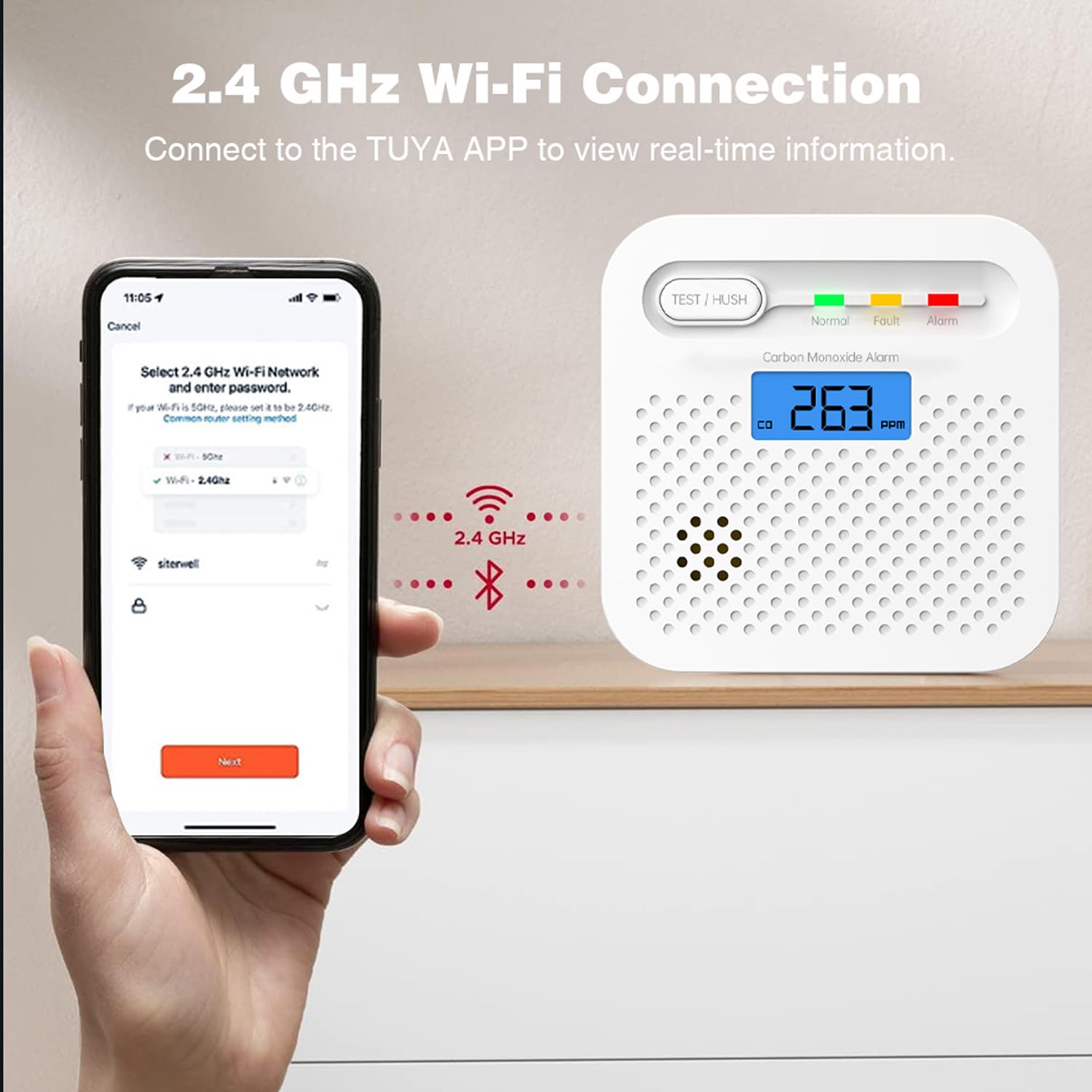 Detector de Monóxido de Carbono Inteligente WiFi 10 Anos de bateria,notificaciones Push en Tiempo Real a través de la aplicación de Seguridad Tuya y SmartLife, Pantalla LCD Digital, para el hogar