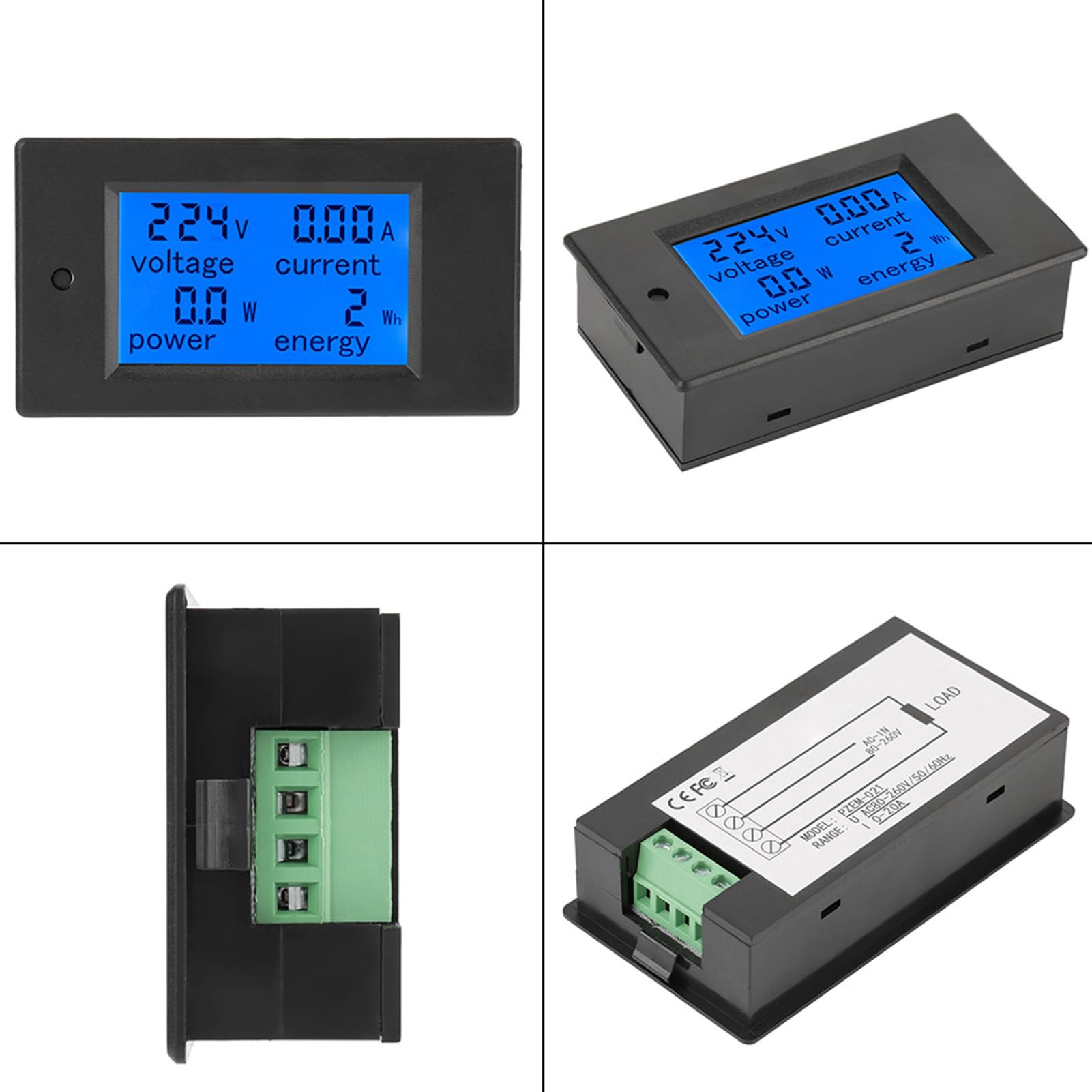 Akozon Peacefair PZEM-021 AC-Spannungs- und Strom-Digitalmessgerät mit LCD-Display – Misst Strom, Energie und Mehr – 20 A, AC 80–260 V – Überlastalarm und Hintergrundbeleuchtungsfunktionen