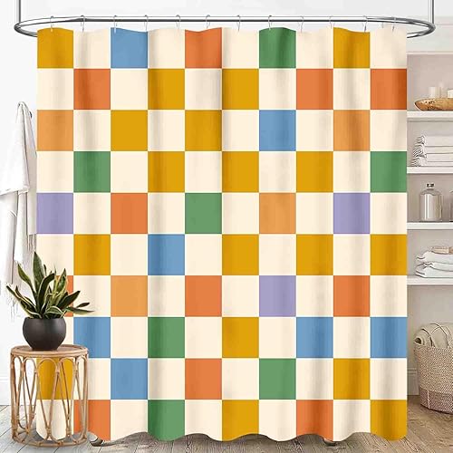 Miniatura 31 de Cortina de ducha con diseño floral hippie, estilo retro de los años 70, diseño de margaritas naranjas, bonitas, estéticas, bohemias, divertidas,