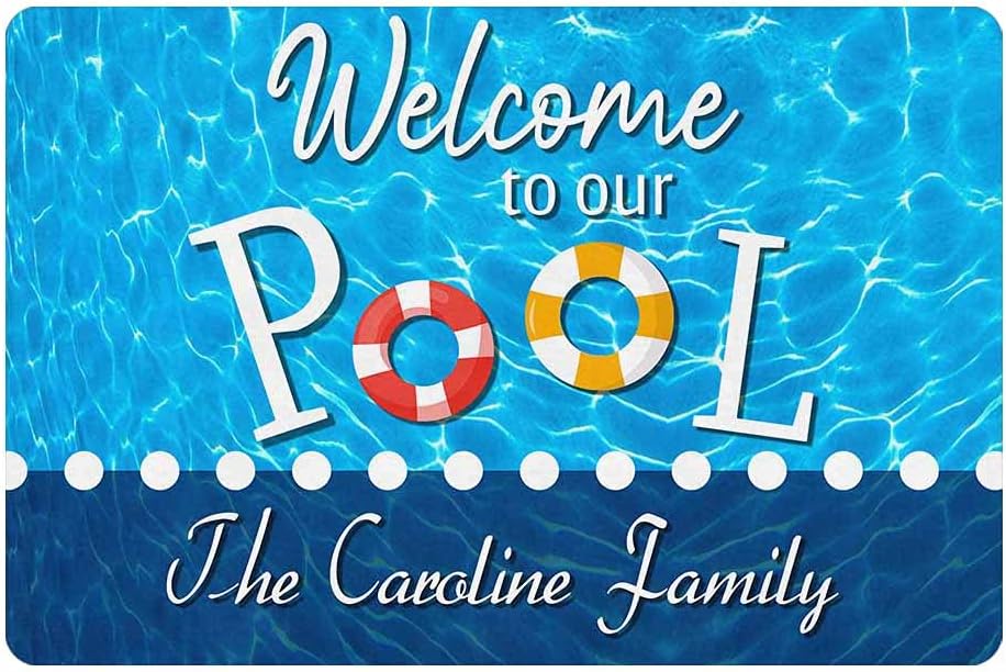 Customized Door Mat with Name Text Personalized Welcome to Our Pool Design Doormat Indoor Outdoor Rug Decor Non Slip