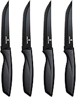 Targzier Steak Knives Set of 4 - Sharp Serrated Stainless Steel Blades, Ergonomic Non-Slip Black Handles, Dishwasher Safe
