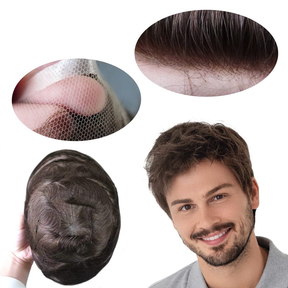 Mens Toupee, Human Hair Replacement Systems, Swiss Lace Real Wigs for Men Brown Hair Pieces #7