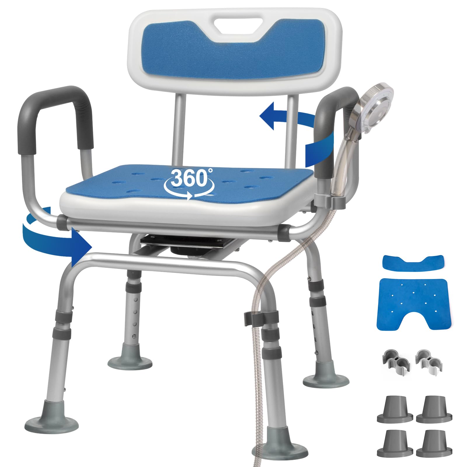 Silla de ducha giratoria de 360° con respaldo y reposabrazos, almohadillas giratorias resistentes al frío, soporta hasta 154 kg, montaje sin herramientas, ideal para la ducha interior.