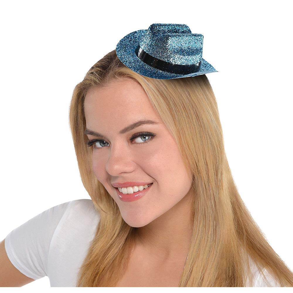 Turquoise Glitter Mini Cowboy Plastic Hat - 2" x 4.75" - Perfect for Festive Occasions, 1 Pc.