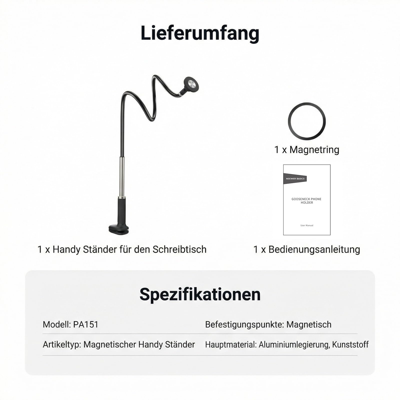 NEEWER Basics Handy Halterung magnetischer Schwanenhals Tisch Bett, 360° Overhead Phone Halter Klemme mit Flexible Lang Arm Handy Ständer, kompatibel mit MagSafe iPhone Android Samsung, PA151 Schwarz