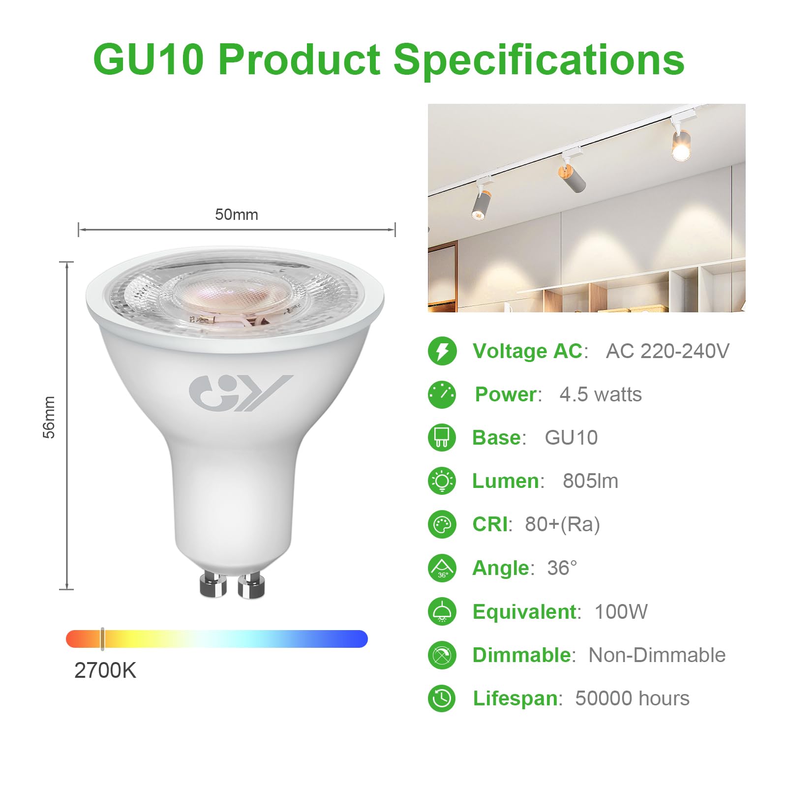 GY Ampoules GU10 LED Spot Classe A, 805LM Blanc Chaud 2700K，4,5W Équivalent 100W GU10 36° (Faisceau Étroit), Efficacité Energétique, Non-Dimmable, Lot de 12