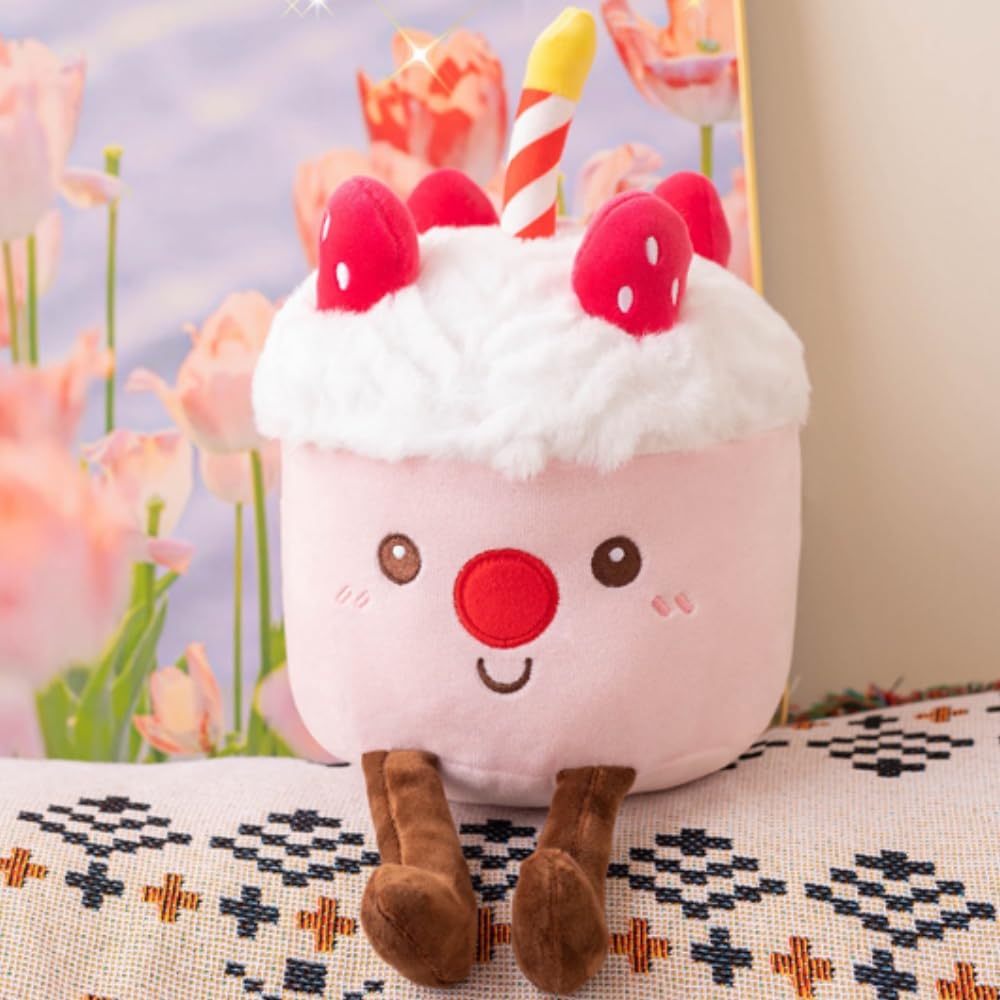 OUKEYI 23cm Birthday Cake Plush Toy ，Cute Smile Chocolate cake/strawberry Pillow Stuffed Animals Funny Soft Food Plushies Toy for Gifts for Kids Birthday (Pink)