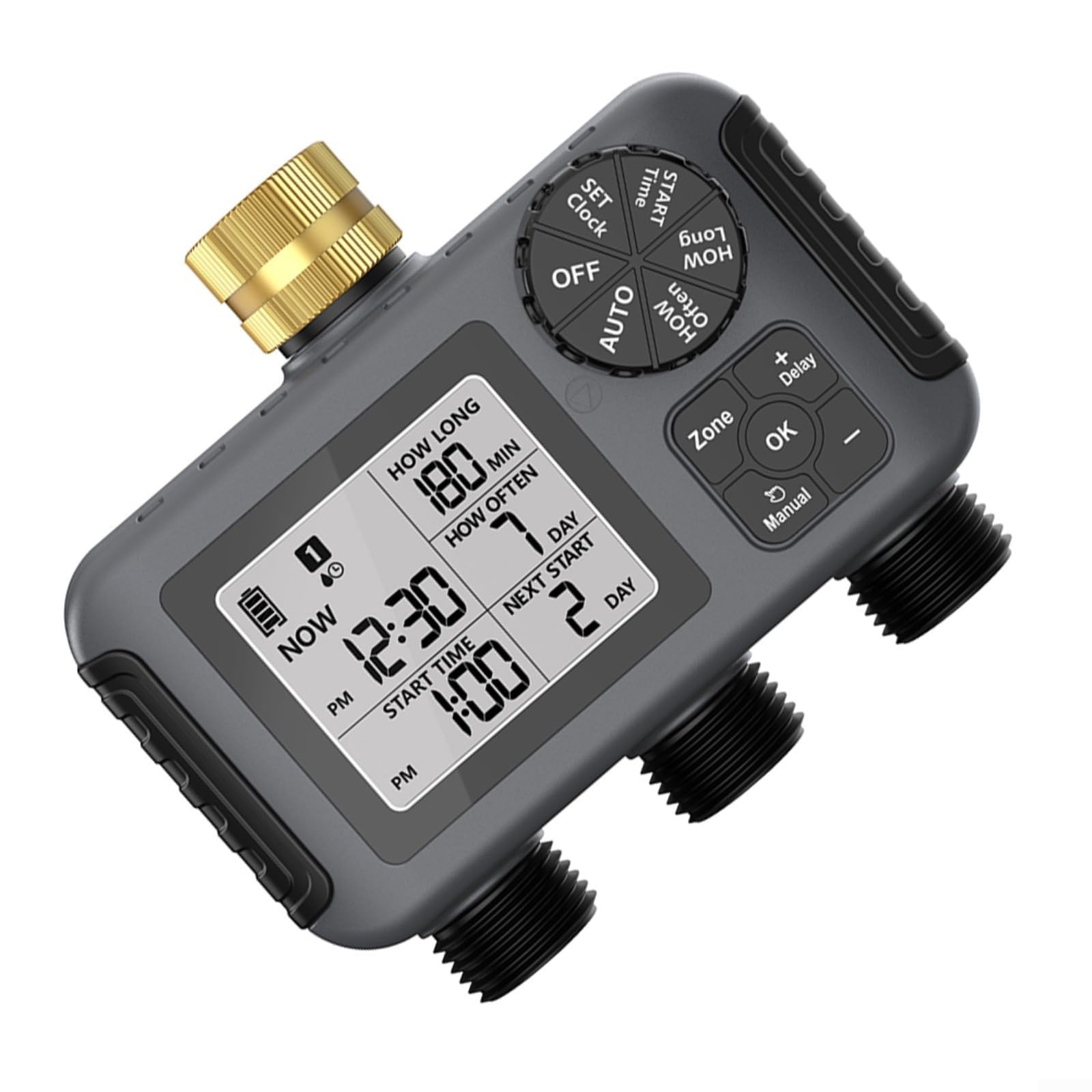Timer automatico per irrigazione da giardino, regolatore di irrigazione a tre valvole, classificato IPX5, con blocco per bambini, per esterni, cortile, verde, nero